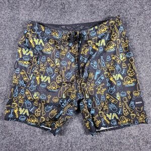 RVCA Artist Network Program Mens 34 Board‎ Shorts Black Yellow Blue Doodle Print